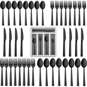 Walchoice 40-Piece Black Silverware Set with Drawer Organizer, Stainless Steel Flatware Cutlery Set for Home Restaurant